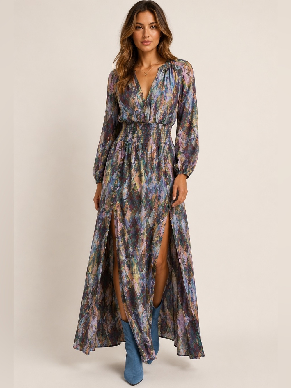 Allison New York Anthropologie Leo Diamond Print Maxi Dress Small